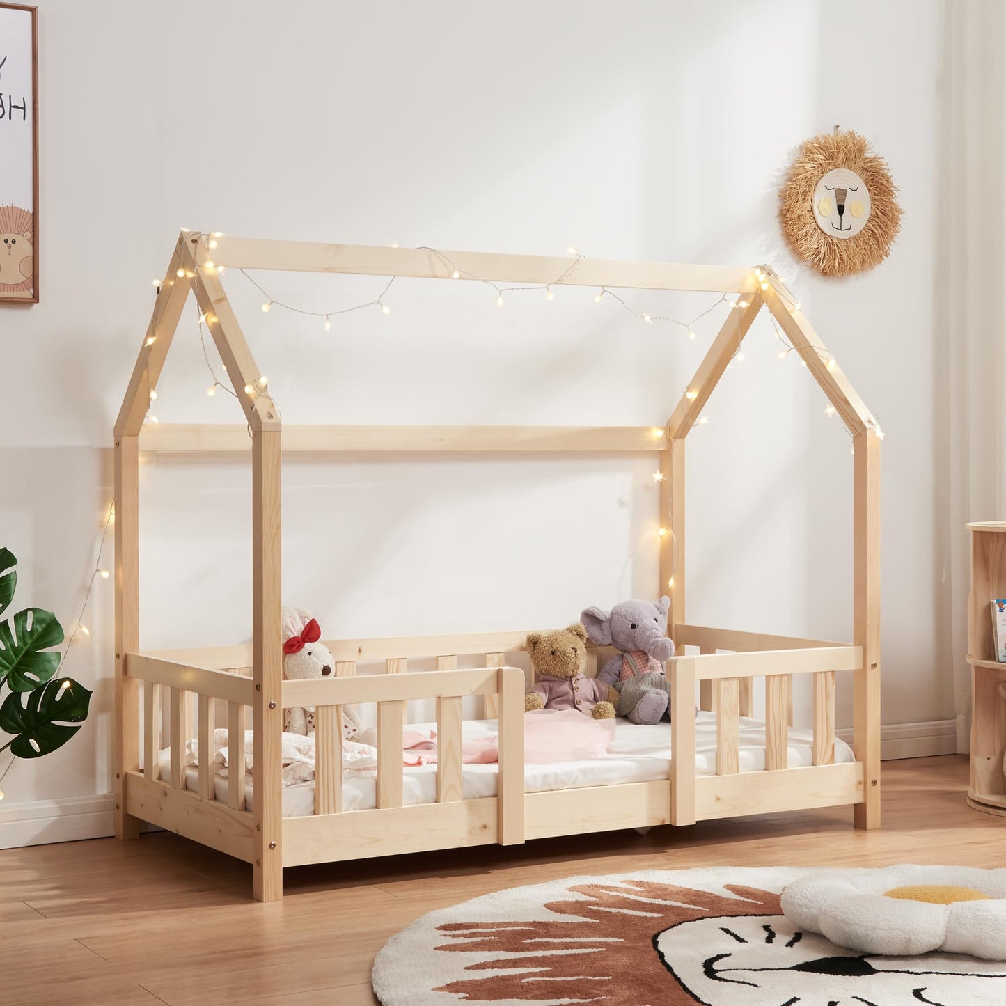 [en.casa] Kinder Hausbett aus Kiefernholz mit Lattenrost & Matratze, Montessori Kinderbett mit Rausfallschutz, stabiles Spielbett für Kinderzimmer