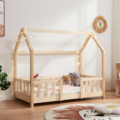 [en.casa] Kinder Hausbett aus Kiefernholz mit Lattenrost & Matratze, Montessori Kinderbett mit Rausfallschutz, stabiles Spielbett für Kinderzimmer
