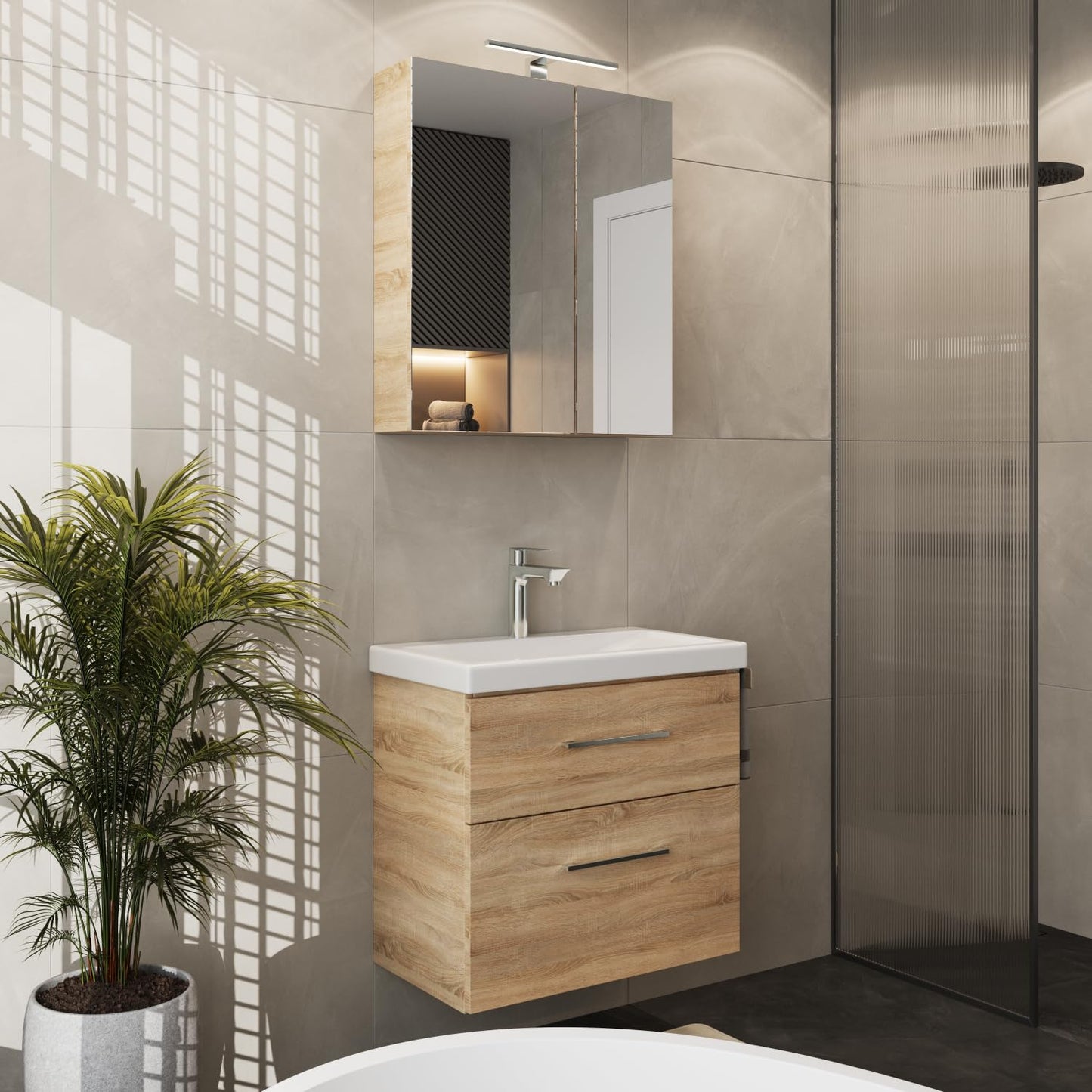Planetmöbel Badmöbel Set 63 cm Anthrazit mit Keramik Waschbecken, Spiegelschrank 60 cm LED & Steckdose, Modern