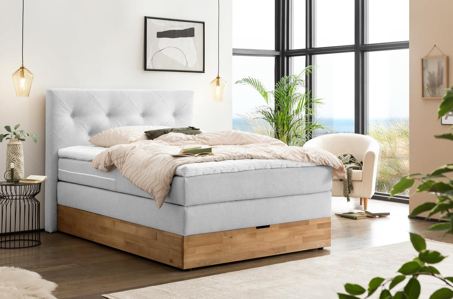 Belanoti Marbo Boxspringbett mit Bettkasten, 7-Zonen Taschenfederkern Matratze & Visco Topper, Massivholz Eiche, Polsterbett