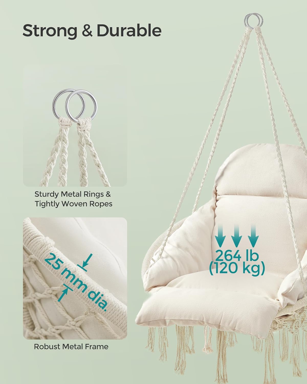SONGMICS Hängesessel Baumwolle mit Kissen – Boho Hängestuhl Cremeweiß, Metallrahmen Schaukelstuhl für Garten, Balkon & Schlafzimmer
