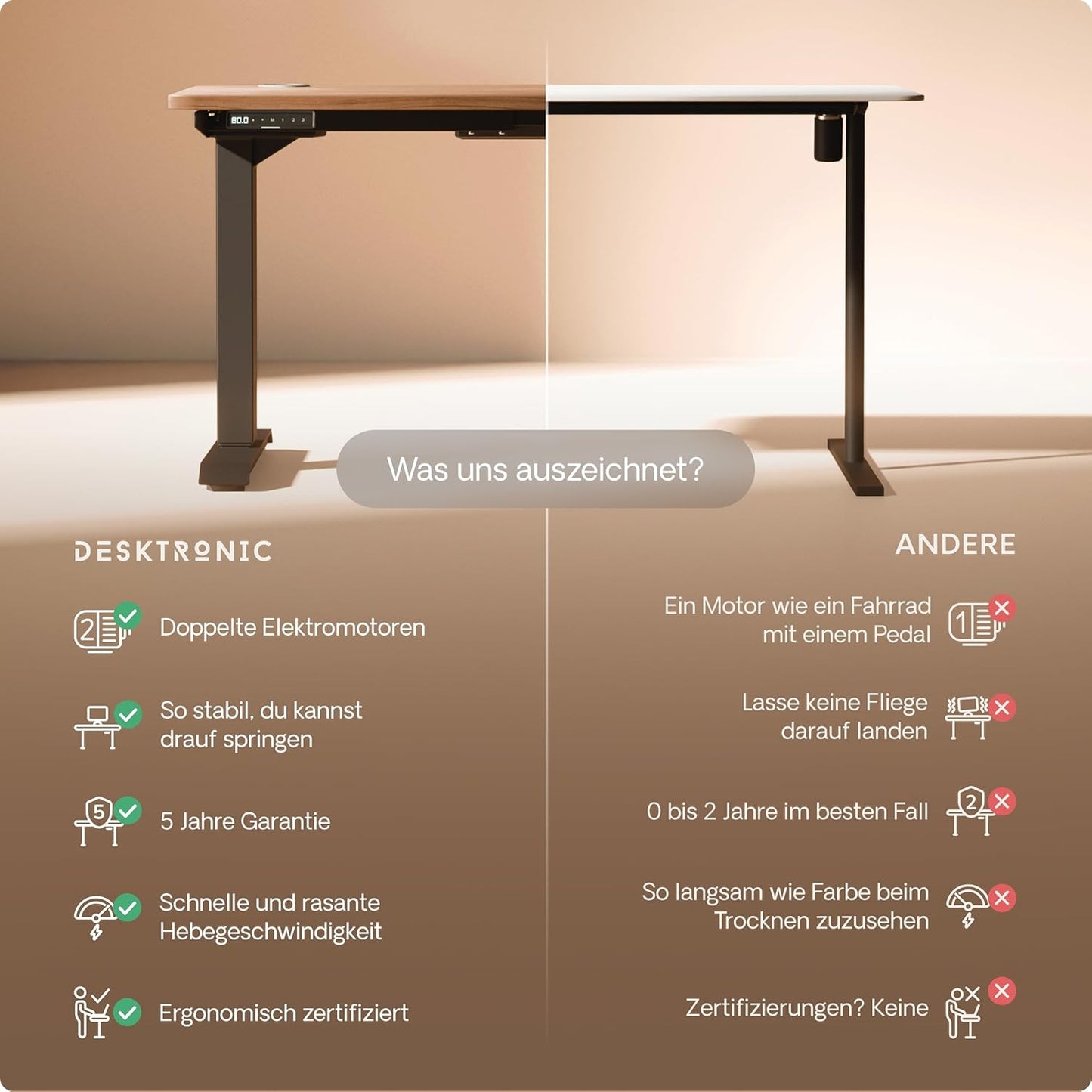 Desktronic HomePro Höhenverstellbarer Schreibtisch Elektrisch – Ergonomischer Steh Sitz Schreibtisch mit Dual Motor, Touchscreen, USB-A & USB-C