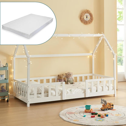 [en.casa] Kinder Hausbett aus Kiefernholz mit Lattenrost & Matratze, Montessori Kinderbett mit Rausfallschutz, stabiles Spielbett für Kinderzimmer