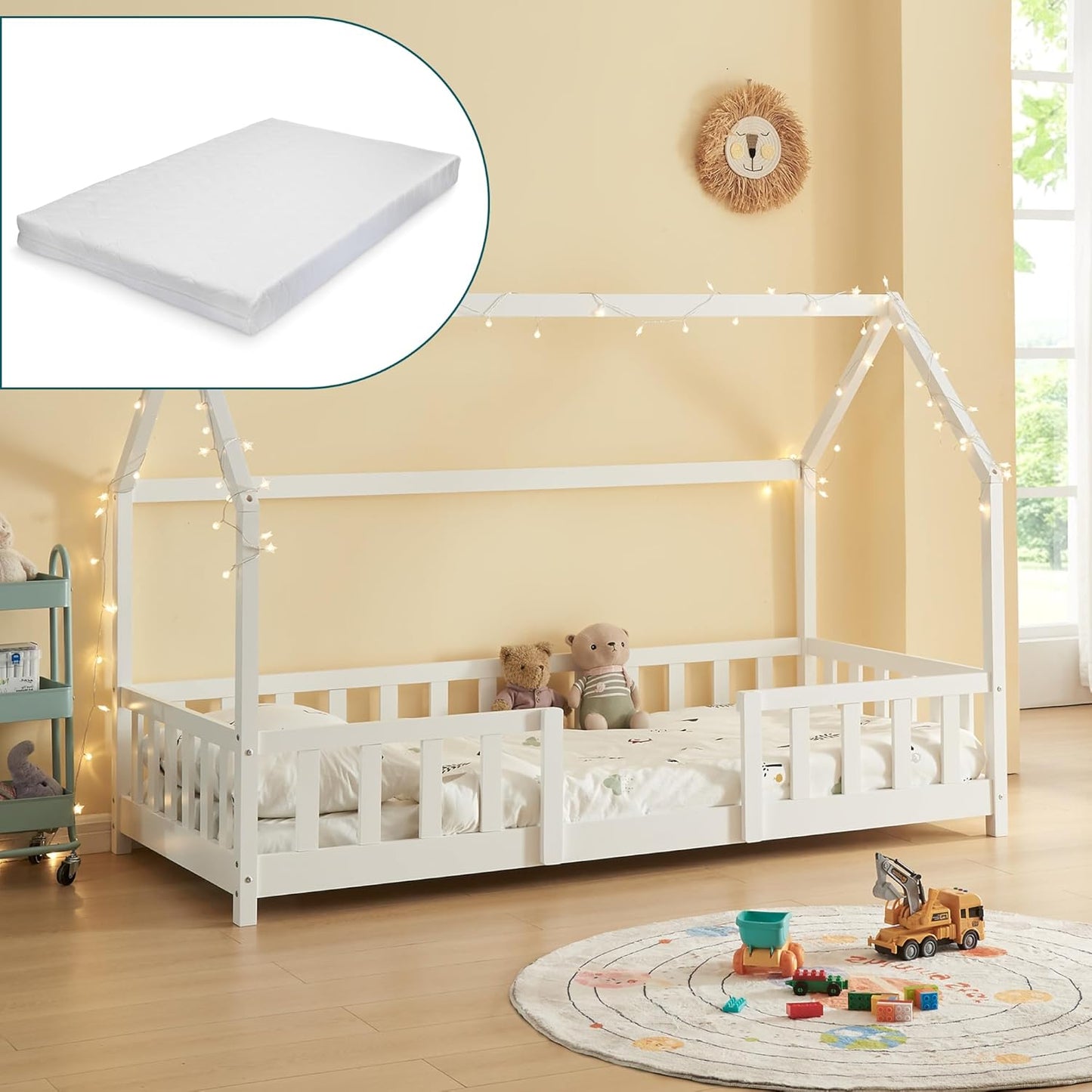 [en.casa] Kinder Hausbett aus Kiefernholz mit Lattenrost & Matratze, Montessori Kinderbett mit Rausfallschutz, stabiles Spielbett für Kinderzimmer