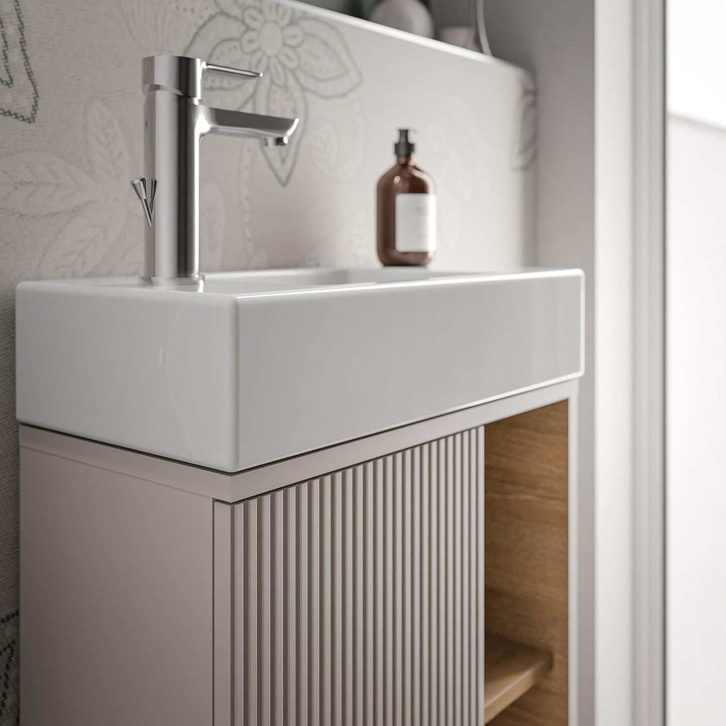 BERNSTEIN Beldivo Badmöbel Set mit Waschbecken – Wandhängender Waschtischunterschrank mit Keramikbecken, Push-Open & Soft-Close, MDF
