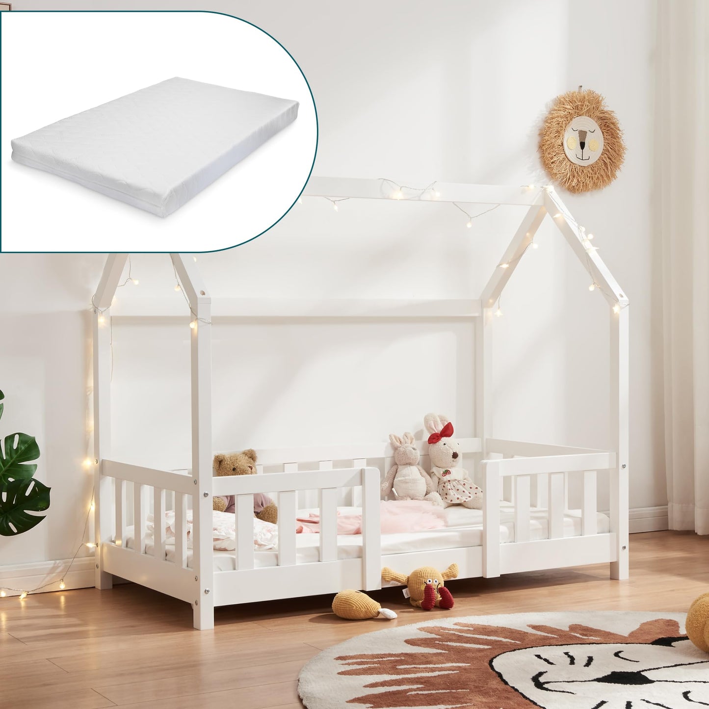 [en.casa] Kinder Hausbett aus Kiefernholz mit Lattenrost & Matratze, Montessori Kinderbett mit Rausfallschutz, stabiles Spielbett für Kinderzimmer