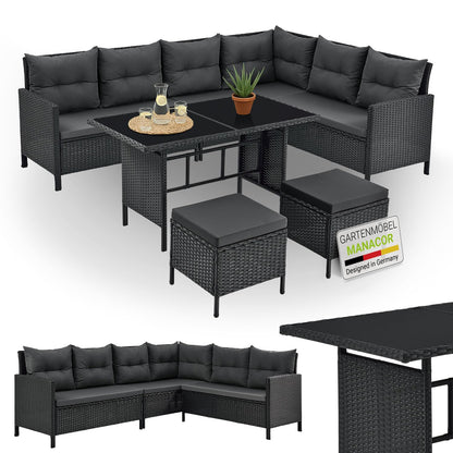 Juskys Polyrattan Lounge Manacor Gartenmöbel Set mit Ecksofa, Tisch & Hocker, wetterfest