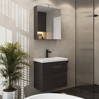 Planetmöbel Badmöbel Set 63 cm Anthrazit mit Keramik Waschbecken, Spiegelschrank 60 cm LED & Steckdose, Modern