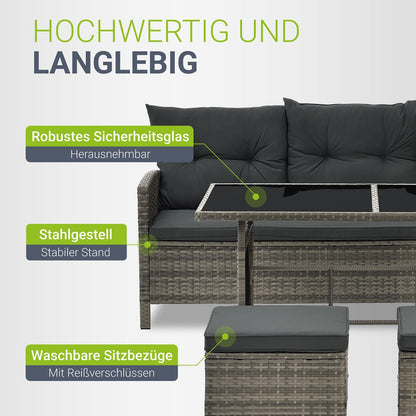 Juskys Polyrattan Lounge Manacor Gartenmöbel Set mit Ecksofa, Tisch & Hocker, wetterfest
