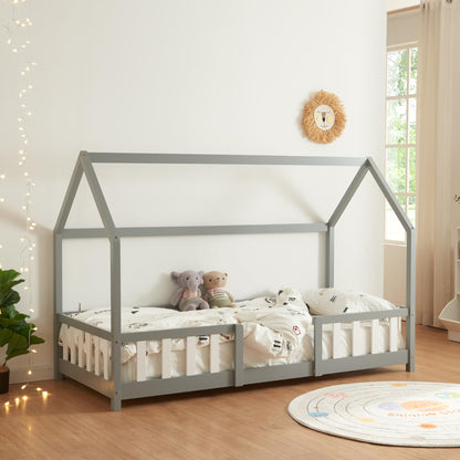 [en.casa] Kinder Hausbett aus Kiefernholz mit Lattenrost & Matratze, Montessori Kinderbett mit Rausfallschutz, stabiles Spielbett für Kinderzimmer