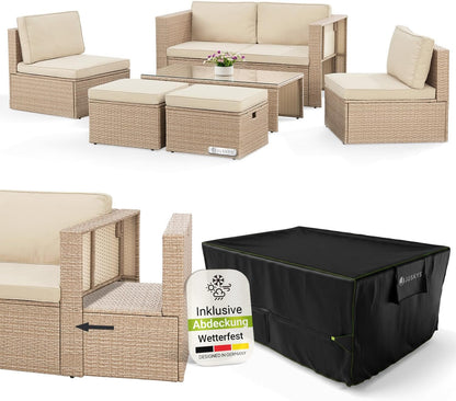 Juskys Polyrattan Gartenmöbel Set Salou mit Abdeckung, Outdoor Lounge mit Tisch & Kissen