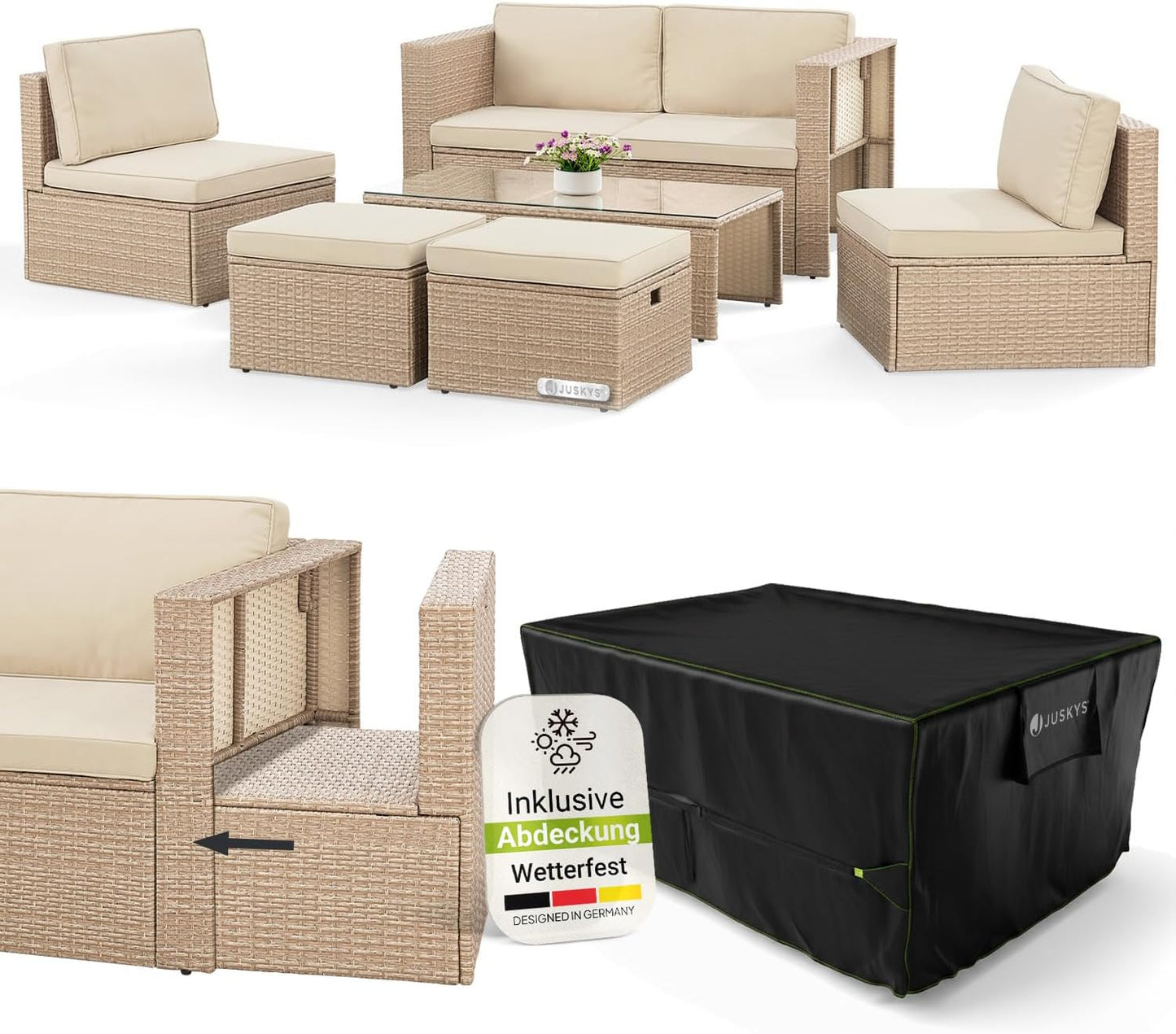 Juskys Polyrattan Gartenmöbel Set Salou mit Abdeckung, Outdoor Lounge mit Tisch & Kissen