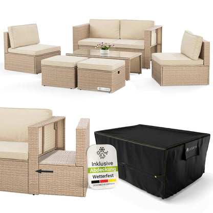 Juskys Polyrattan Gartenmöbel Set Salou mit Abdeckung, Outdoor Lounge für 6 Personen, wetterfest
