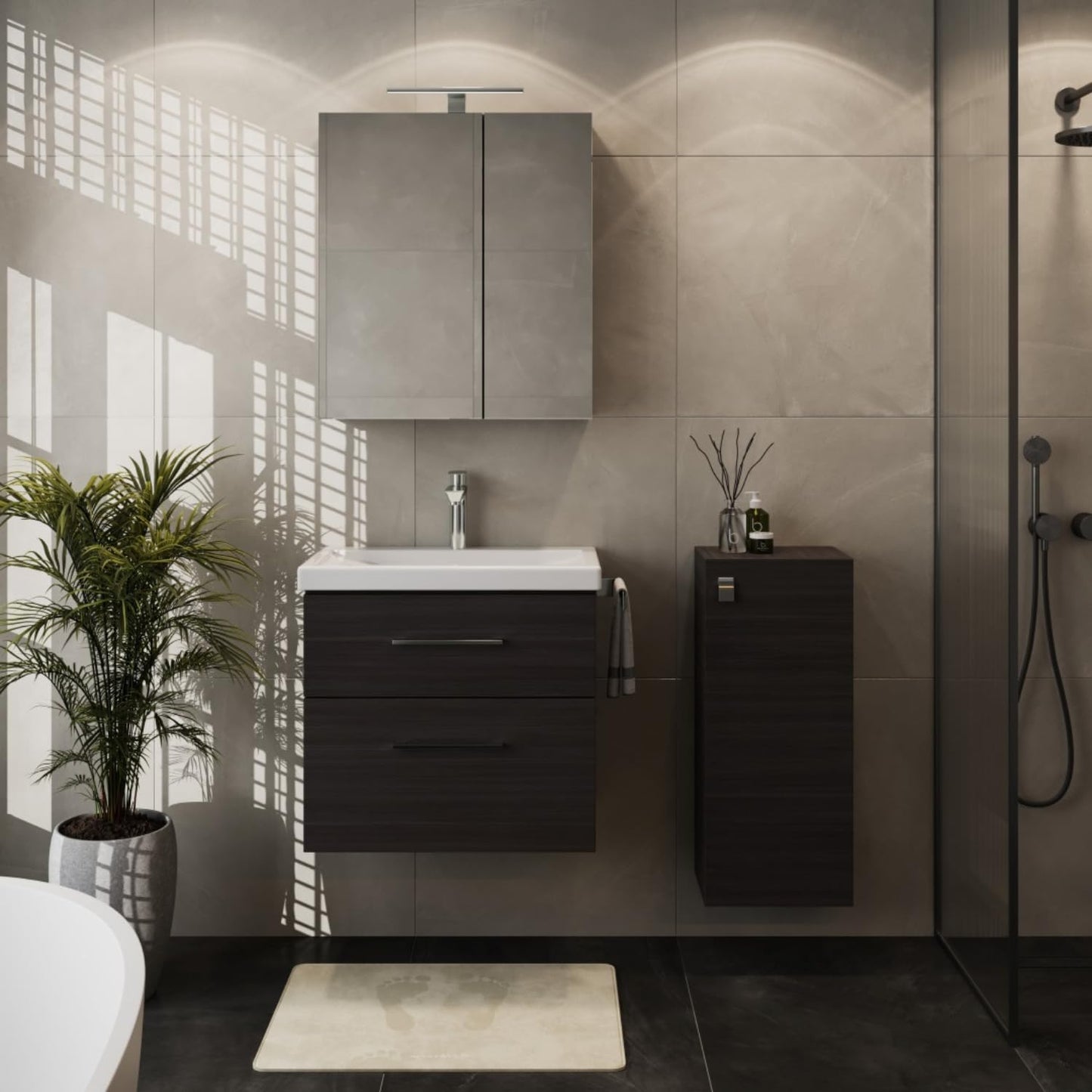 Planetmöbel Badmöbel Set 63 cm Anthrazit mit Keramik Waschbecken, Spiegelschrank 60 cm LED & Steckdose, Modern
