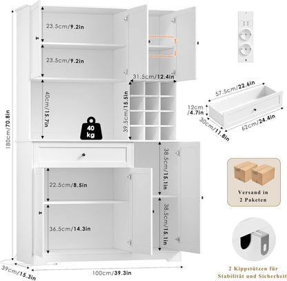 FirFurd Küchenschrank 180 cm mit LED, Steckdose & Weinregal, 100x39x180 cm
