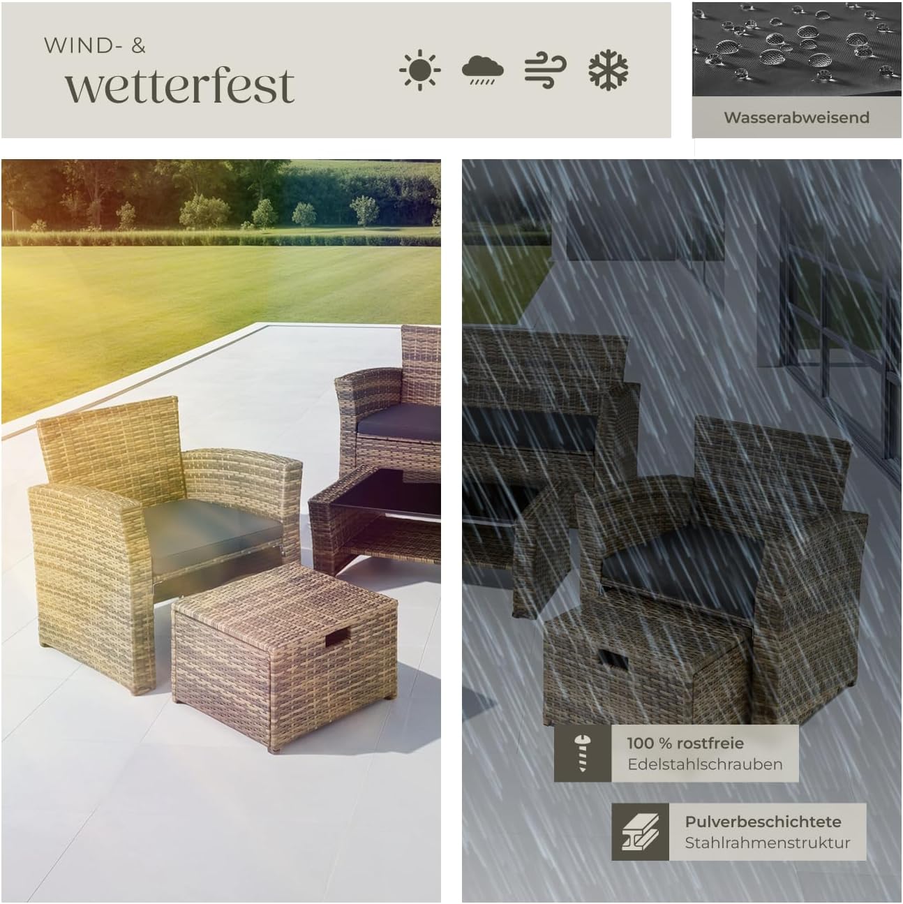 Tectake Polyrattan Garten Sitzgruppe mit Hocker & Auflagenbox, Rattan Lounge Set