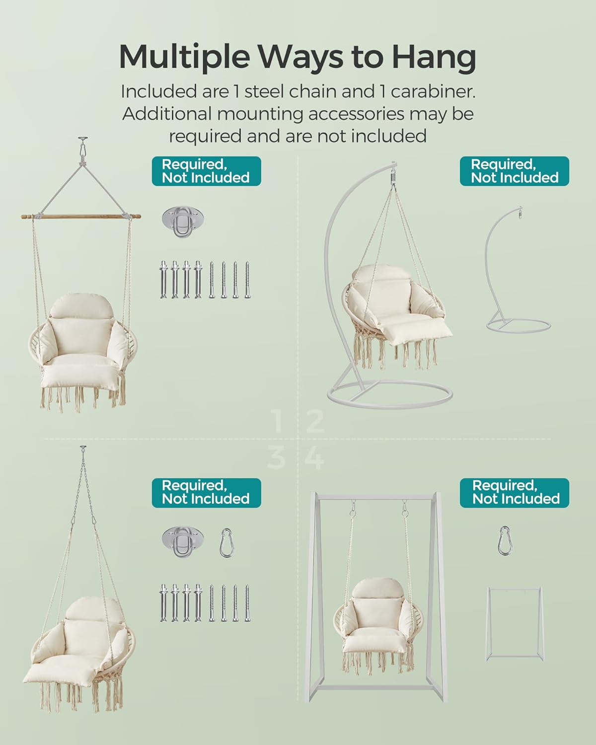 SONGMICS Hängesessel Baumwolle mit Kissen – Boho Hängestuhl Cremeweiß, Metallrahmen Schaukelstuhl für Garten, Balkon & Schlafzimmer
