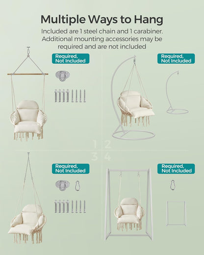 SONGMICS Hängesessel Baumwolle mit Kissen – Boho Hängestuhl Cremeweiß, Metallrahmen Schaukelstuhl für Garten, Balkon & Schlafzimmer