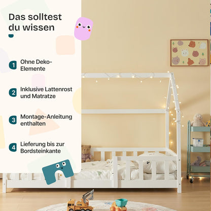 [en.casa] Kinder Hausbett aus Kiefernholz mit Lattenrost & Matratze, Montessori Kinderbett mit Rausfallschutz, stabiles Spielbett für Kinderzimmer
