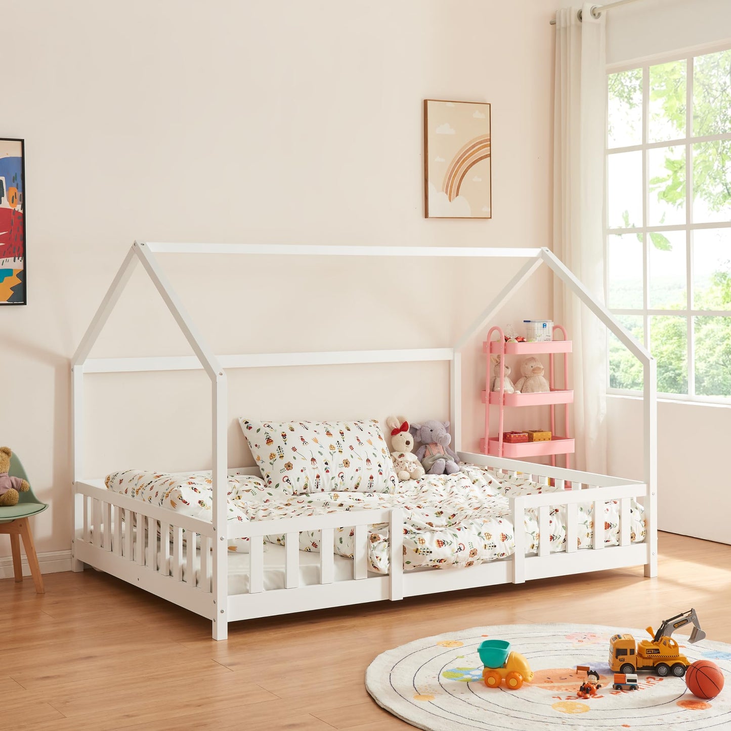 [en.casa] Kinder Hausbett aus Kiefernholz mit Lattenrost & Matratze, Montessori Kinderbett mit Rausfallschutz, stabiles Spielbett für Kinderzimmer