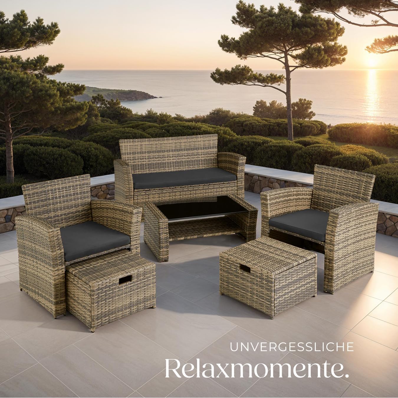 Tectake Polyrattan Garten Sitzgruppe mit Hocker & Auflagenbox, Rattan Lounge Set