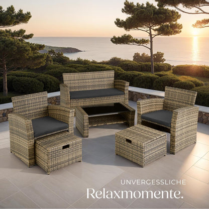Tectake Polyrattan Garten Sitzgruppe mit Hocker & Auflagenbox, Rattan Lounge Set