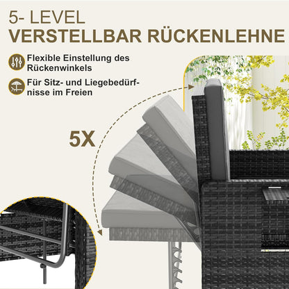 UDPATIO Rattan Lounge Sofa 2-Sitzer Grau meliert mit Hocker & Stauraum, verstellbare Rückenlehne, Metall & PE-Rattan