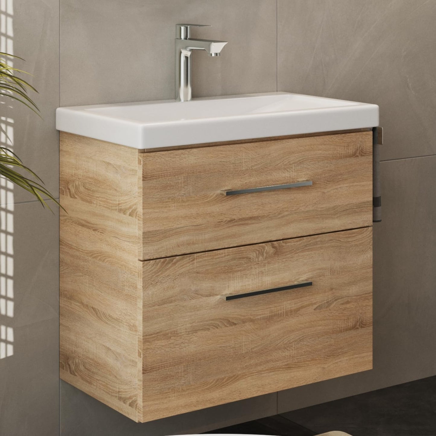 Planetmöbel Badmöbel Set 63 cm Anthrazit mit Keramik Waschbecken, Spiegelschrank 60 cm LED & Steckdose, Modern