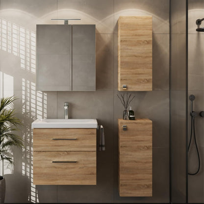 Planetmöbel Badmöbel Set 63 cm Anthrazit mit Keramik Waschbecken, Spiegelschrank 60 cm LED & Steckdose, Modern