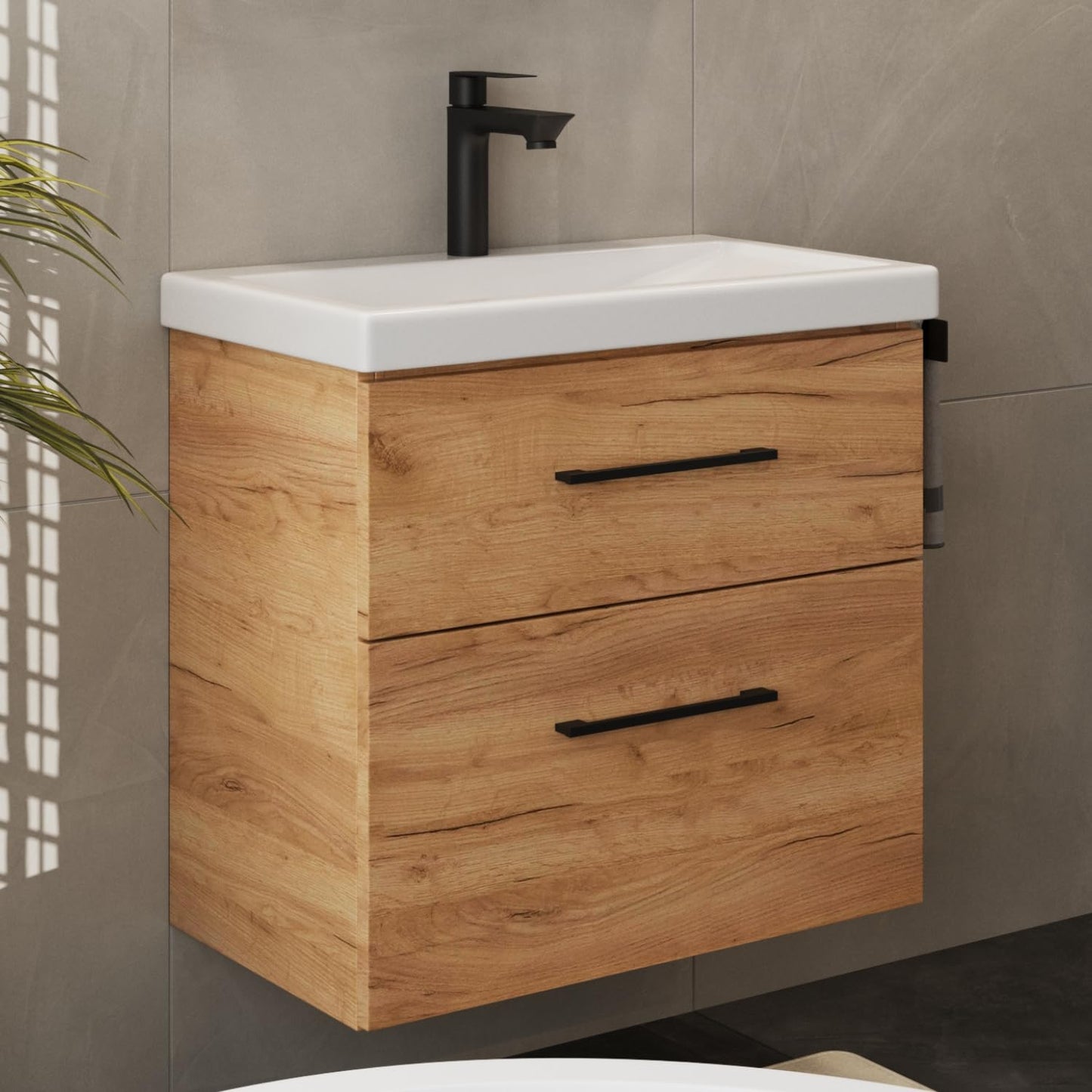 Planetmöbel Badmöbel Set 63 cm Anthrazit mit Keramik Waschbecken, Spiegelschrank 60 cm LED & Steckdose, Modern
