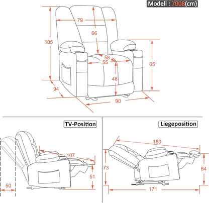 M MCombo Elektrischer Fernsehsessel Relaxsessel mit Liegefunktion, Massage & Wärme, USB-Anschluss, verstellbarer TV Sessel für Wohnzimmer