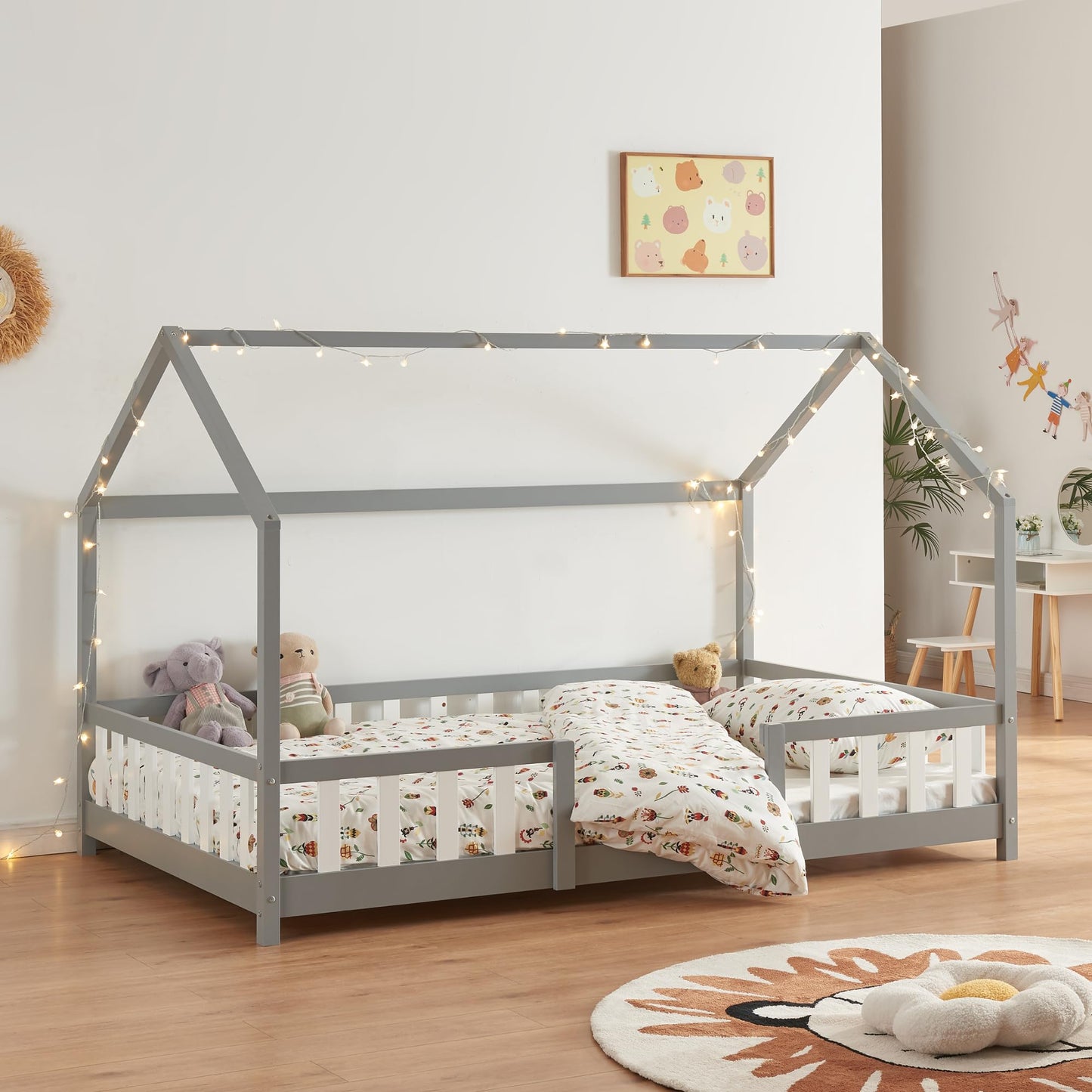 [en.casa] Kinder Hausbett aus Kiefernholz mit Lattenrost & Matratze, Montessori Kinderbett mit Rausfallschutz, stabiles Spielbett für Kinderzimmer