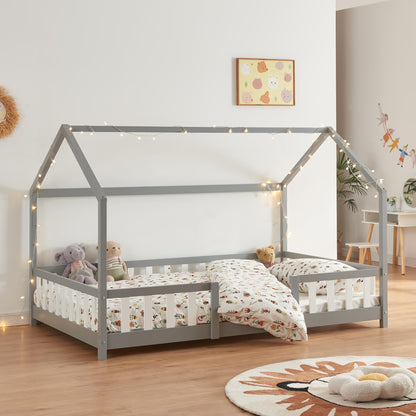 [en.casa] Kinder Hausbett aus Kiefernholz mit Lattenrost & Matratze, Montessori Kinderbett mit Rausfallschutz, stabiles Spielbett für Kinderzimmer