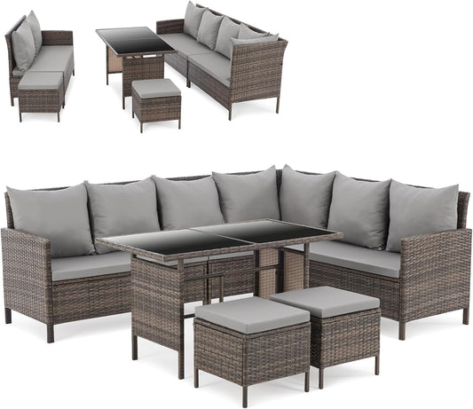 SVITA Madison Rattan Lounge Ecksofa Set Braun, Polyrattan Gartenmöbel mit Tisch & Kissen