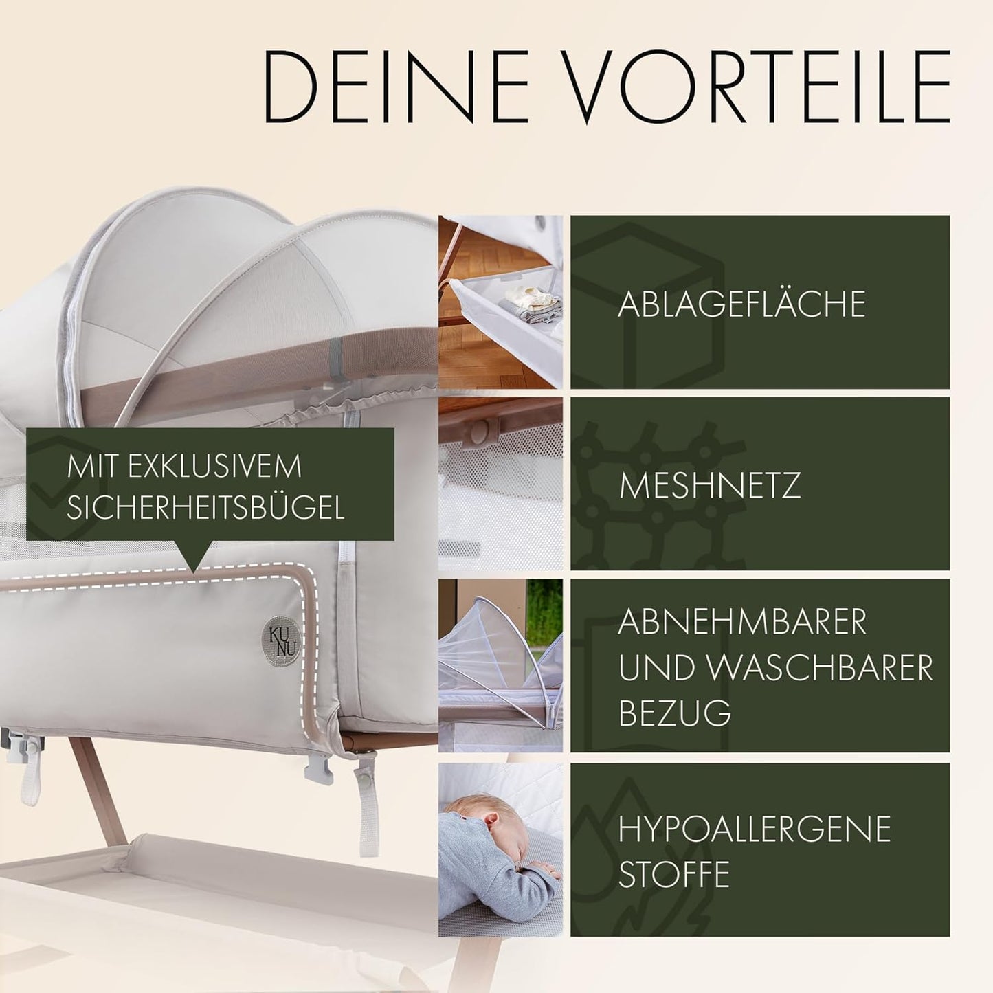 KUNU Babybett Beistellbett 3in1 mit Rollen Beige höhenverstellbar