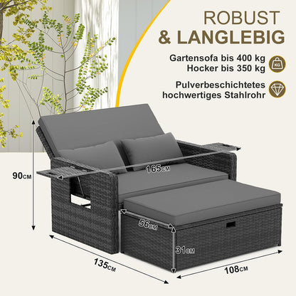 UDPATIO Rattan Lounge Sofa 2-Sitzer Grau meliert mit Hocker & Stauraum, verstellbare Rückenlehne, Metall & PE-Rattan