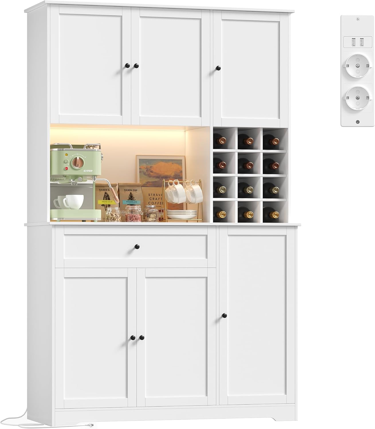 FirFurd Küchenschrank 180 cm mit LED, Steckdose & Weinregal, 100x39x180 cm
