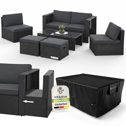 Juskys Polyrattan Gartenmöbel Set Salou mit Abdeckung, Outdoor Lounge für 6 Personen, wetterfest