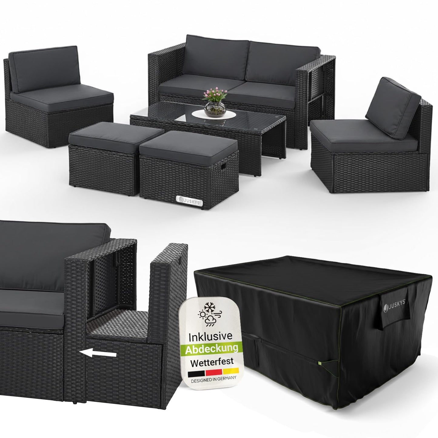 Juskys Polyrattan Gartenmöbel Set Salou mit Abdeckung, Outdoor Lounge mit Tisch & Kissen