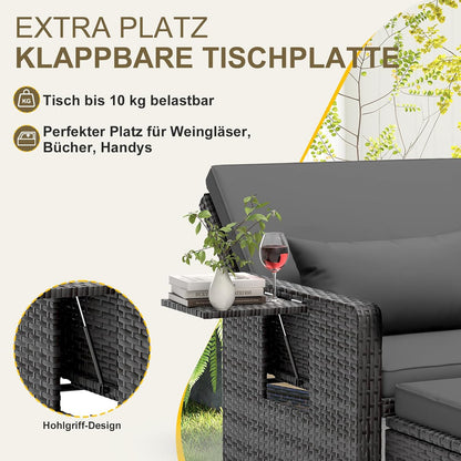 UDPATIO Rattan Lounge Sofa 2-Sitzer Grau meliert mit Hocker & Stauraum, verstellbare Rückenlehne, Metall & PE-Rattan