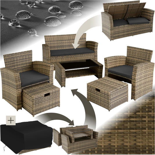 Tectake Polyrattan Garten Sitzgruppe mit Hocker & Auflagenbox, Rattan Lounge Set