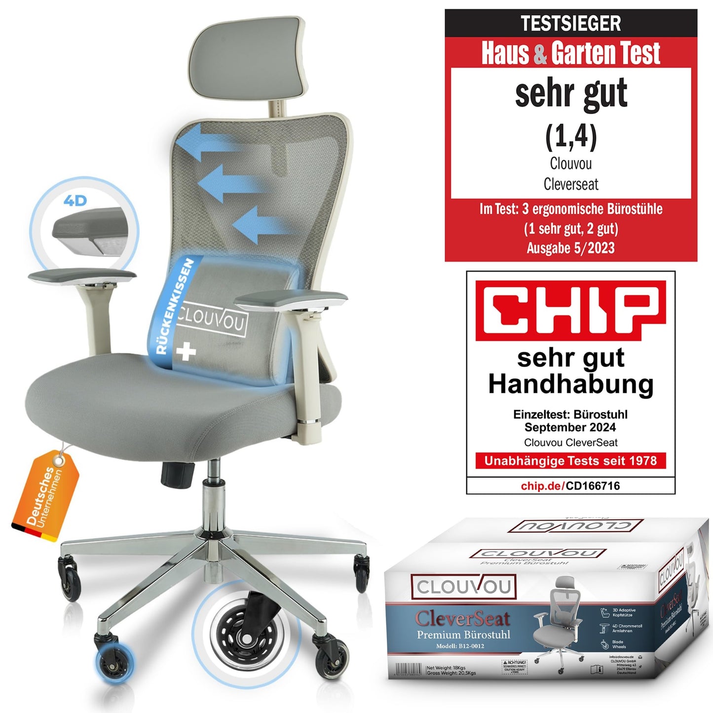 CLOUVOU CleverSeat Ergonomischer Bürostuhl – Verstellbarer Schreibtischstuhl mit 4D Armlehnen, Kopfstütze & Lendenstütze, Drehstuhl bis 150 kg