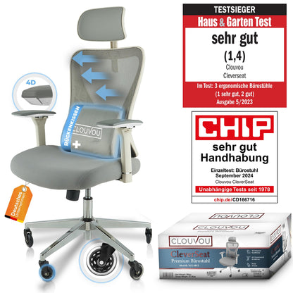 CLOUVOU CleverSeat Ergonomischer Bürostuhl – Verstellbarer Schreibtischstuhl mit 4D Armlehnen, Kopfstütze & Lendenstütze, Drehstuhl bis 150 kg