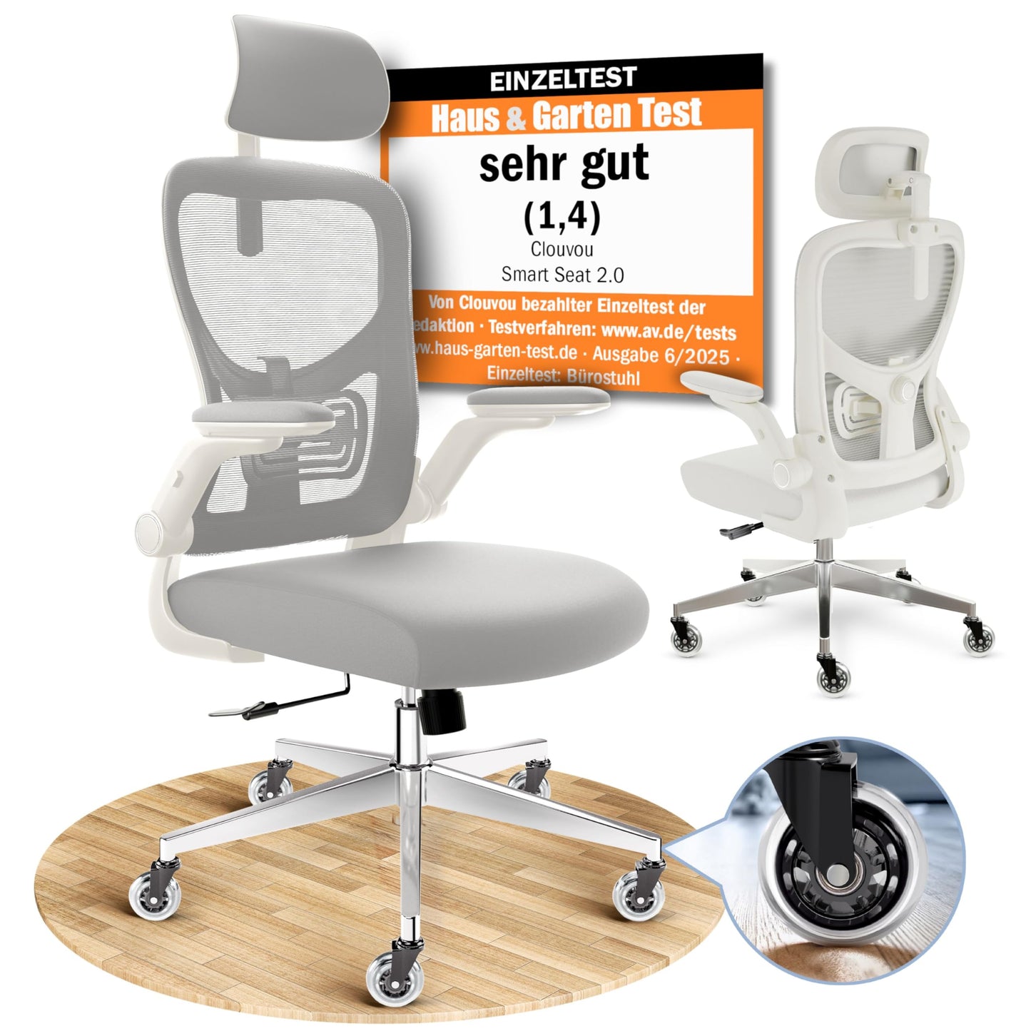 CLOUVOU CleverSeat Ergonomischer Bürostuhl – Verstellbarer Schreibtischstuhl mit 4D Armlehnen, Kopfstütze & Lendenstütze, Drehstuhl bis 150 kg