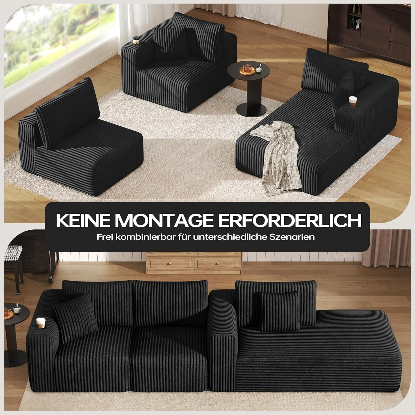 DURASPACE Cord Modulares L-Form Sofa mit Schlaffunktion, Memory-Schaum Cloud Couch mit tiefer Sitzfläche, Getränkehalter