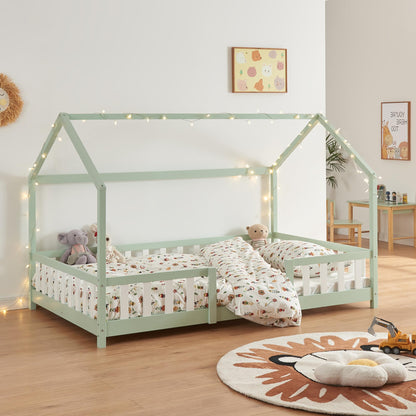 [en.casa] Kinder Hausbett aus Kiefernholz mit Lattenrost & Matratze, Montessori Kinderbett mit Rausfallschutz, stabiles Spielbett für Kinderzimmer