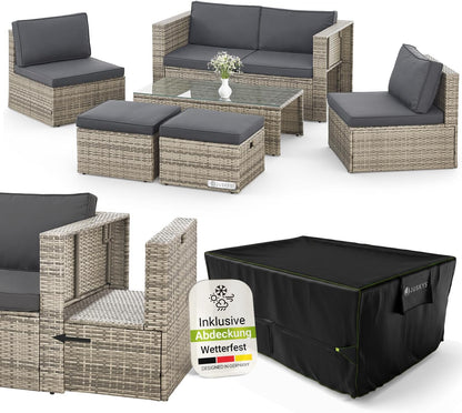 Juskys Polyrattan Gartenmöbel Set Salou mit Abdeckung, Outdoor Lounge für 6 Personen, wetterfest