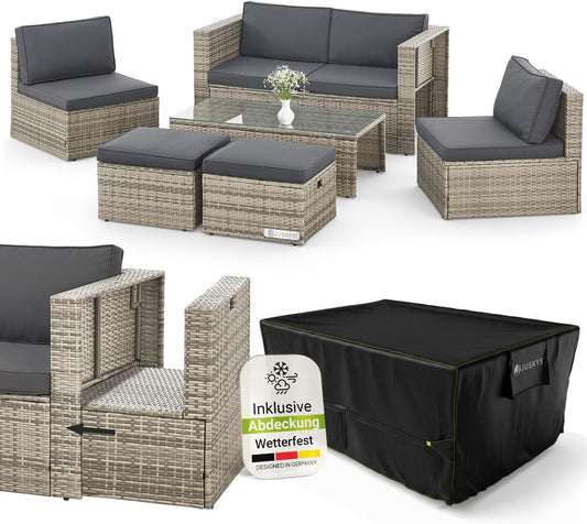 Juskys Polyrattan Gartenmöbel Set Salou mit Abdeckung, Outdoor Lounge für 6 Personen, wetterfest