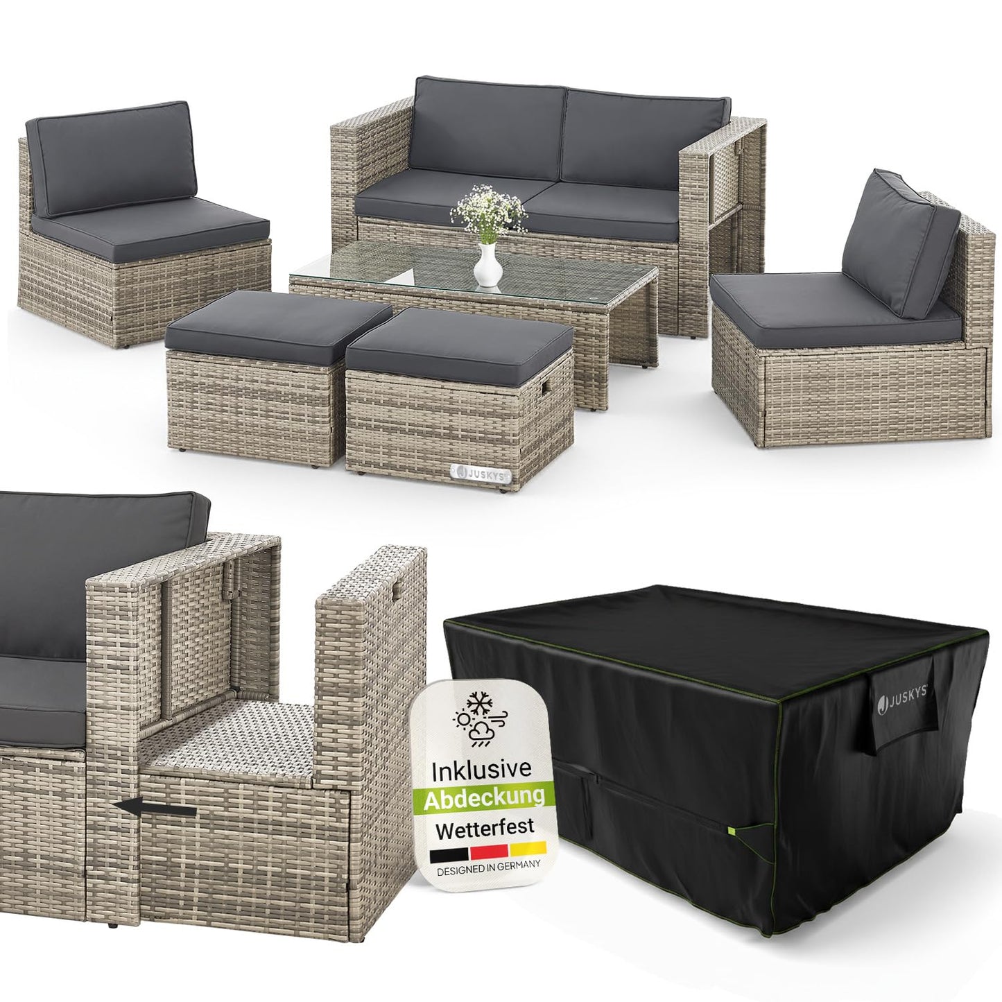 Juskys Polyrattan Gartenmöbel Set Salou mit Abdeckung, Outdoor Lounge mit Tisch & Kissen