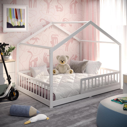 CADANI Malte Kinderbett Hausbett – Montessori Bodenbett aus Massivholz mit Rausfallschutz & Lattenrost – Skandinavisches Kinderbett